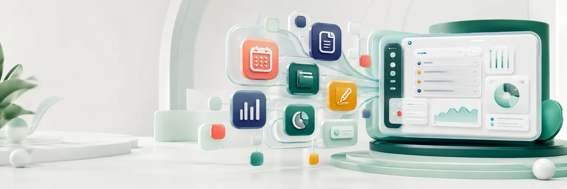An illustration of clinic apps for appointments, records, prescribing and billing, connected in one workspace