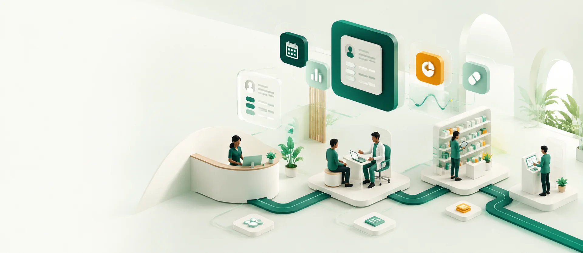 An illustration of a connected clinic: the front desk, the consulting room, the pharmacy counter and the patient's own phone on one path