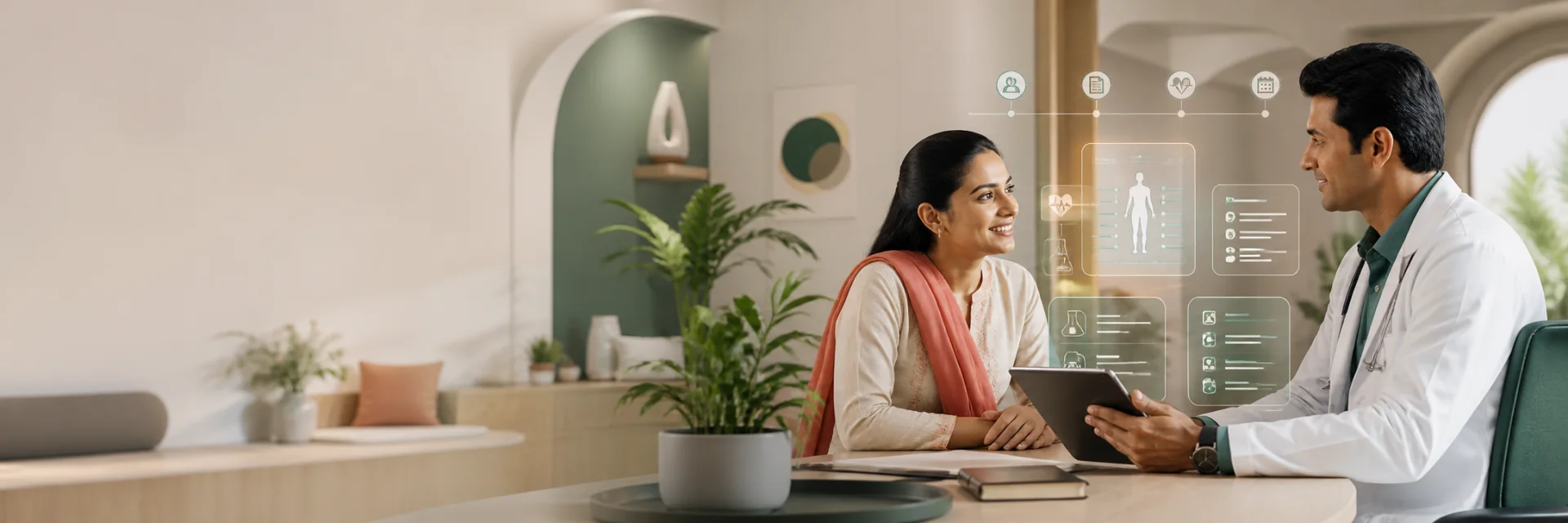 An illustration of a clinician and a patient at a shared digital care record