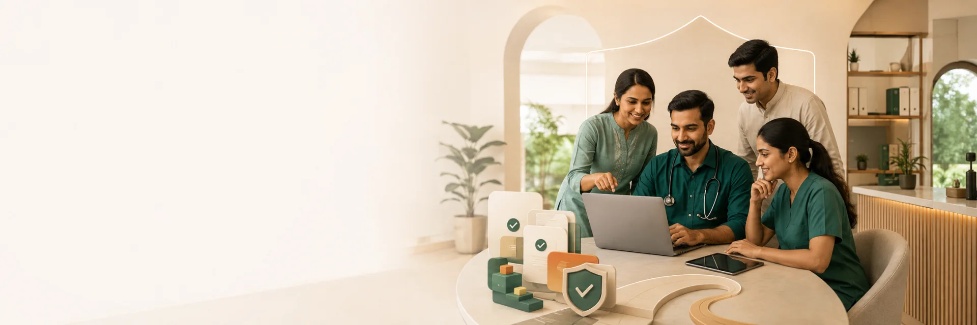 An illustration of a clinic team reviewing a shared, secured workspace