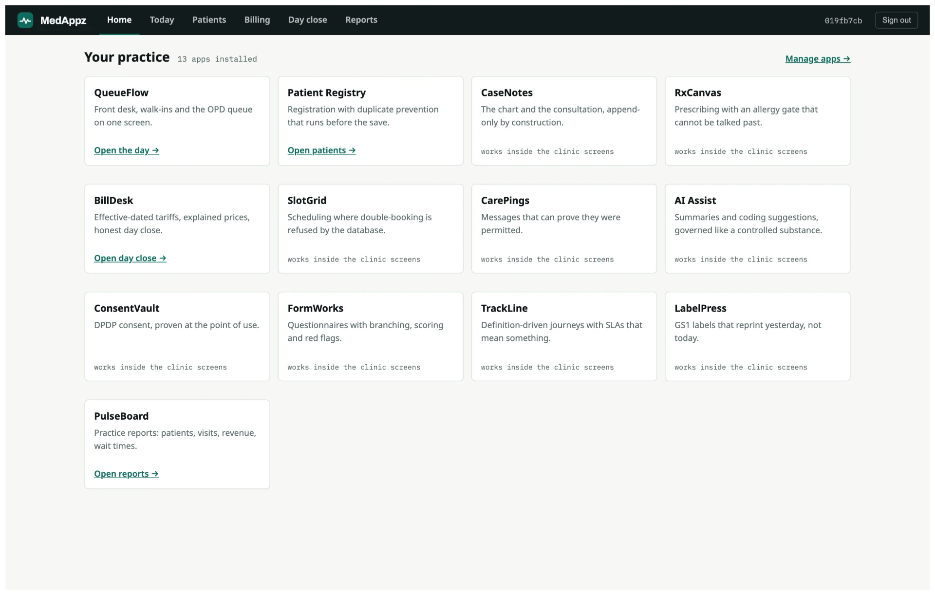 Your dashboard — a tile per installed app