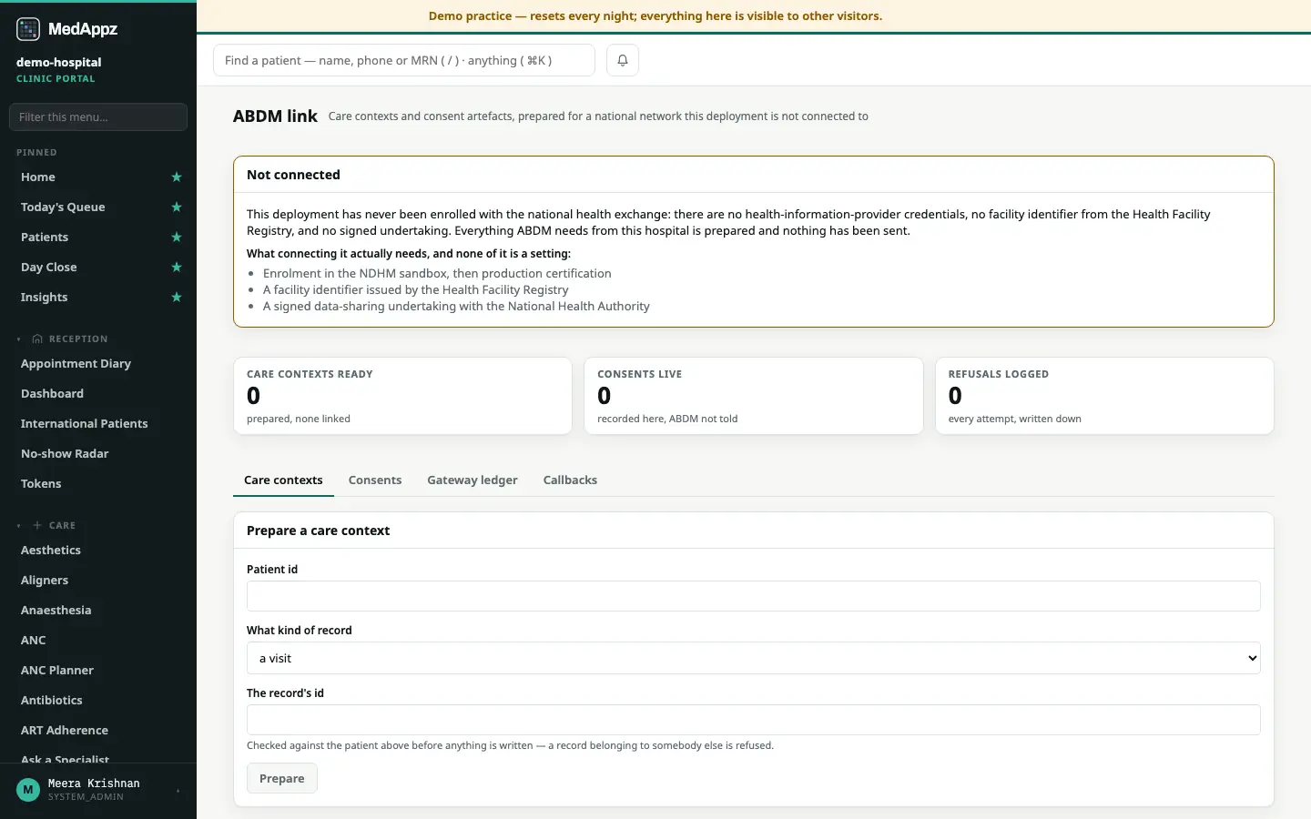 ABDMLink — ABDM Link — Prepare ABDM care contexts and consents — the network is not connected