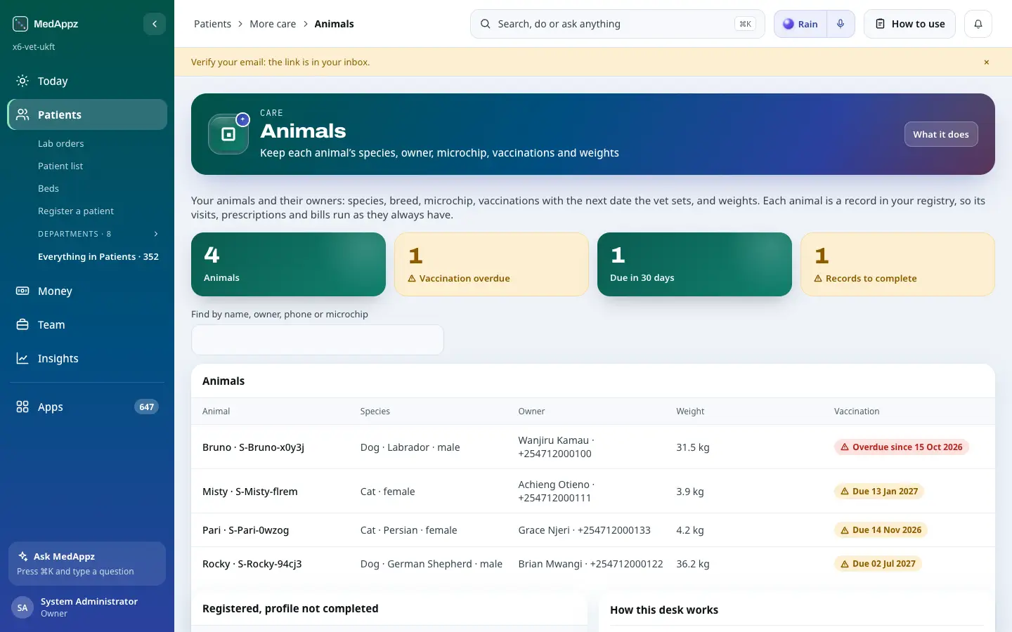 VetDesk — Animals — Keep each animal’s species, owner, microchip, vaccinations and weights