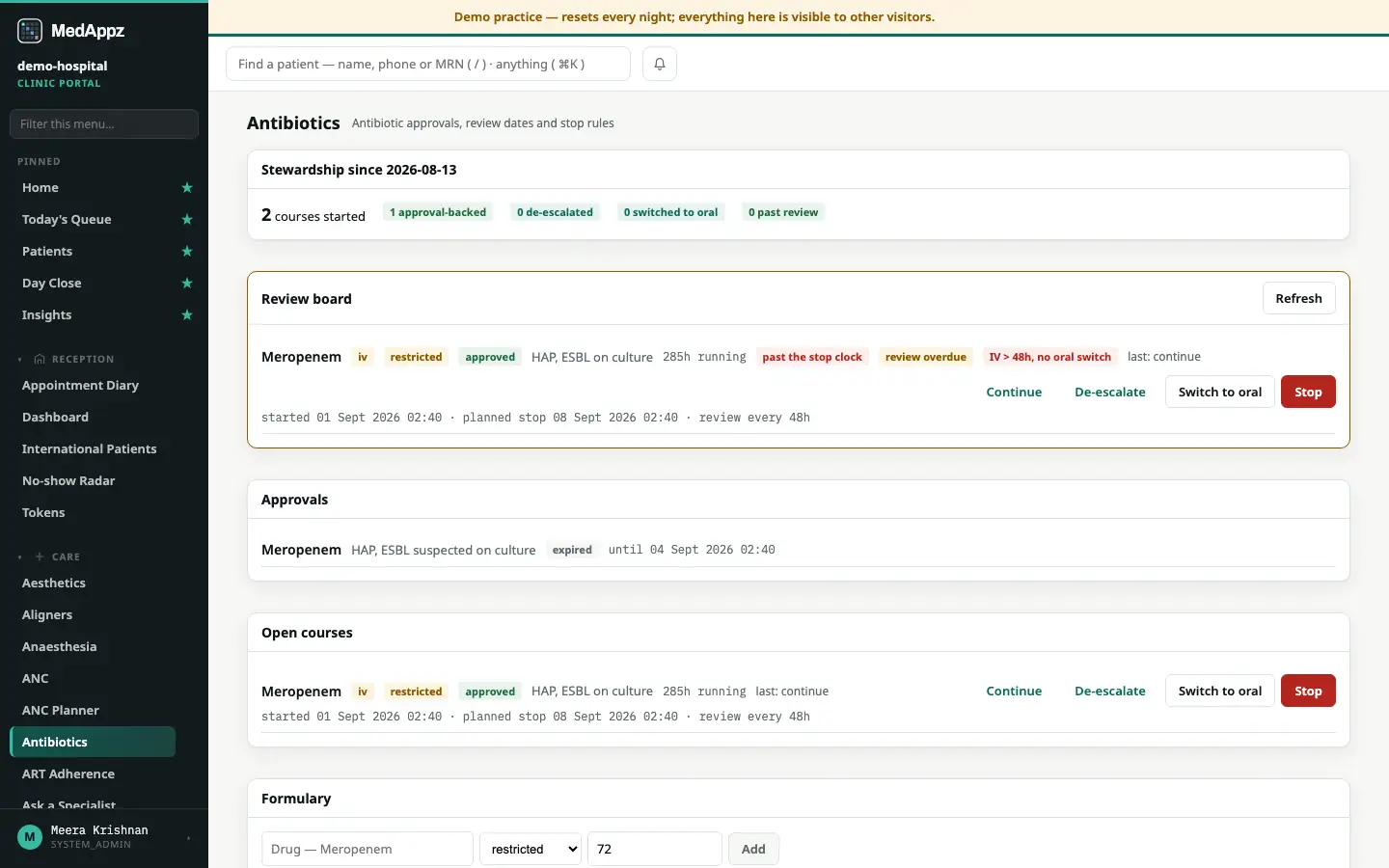 AntibioGuard — Antibiotics — Antibiotic approvals, review dates and stop rules