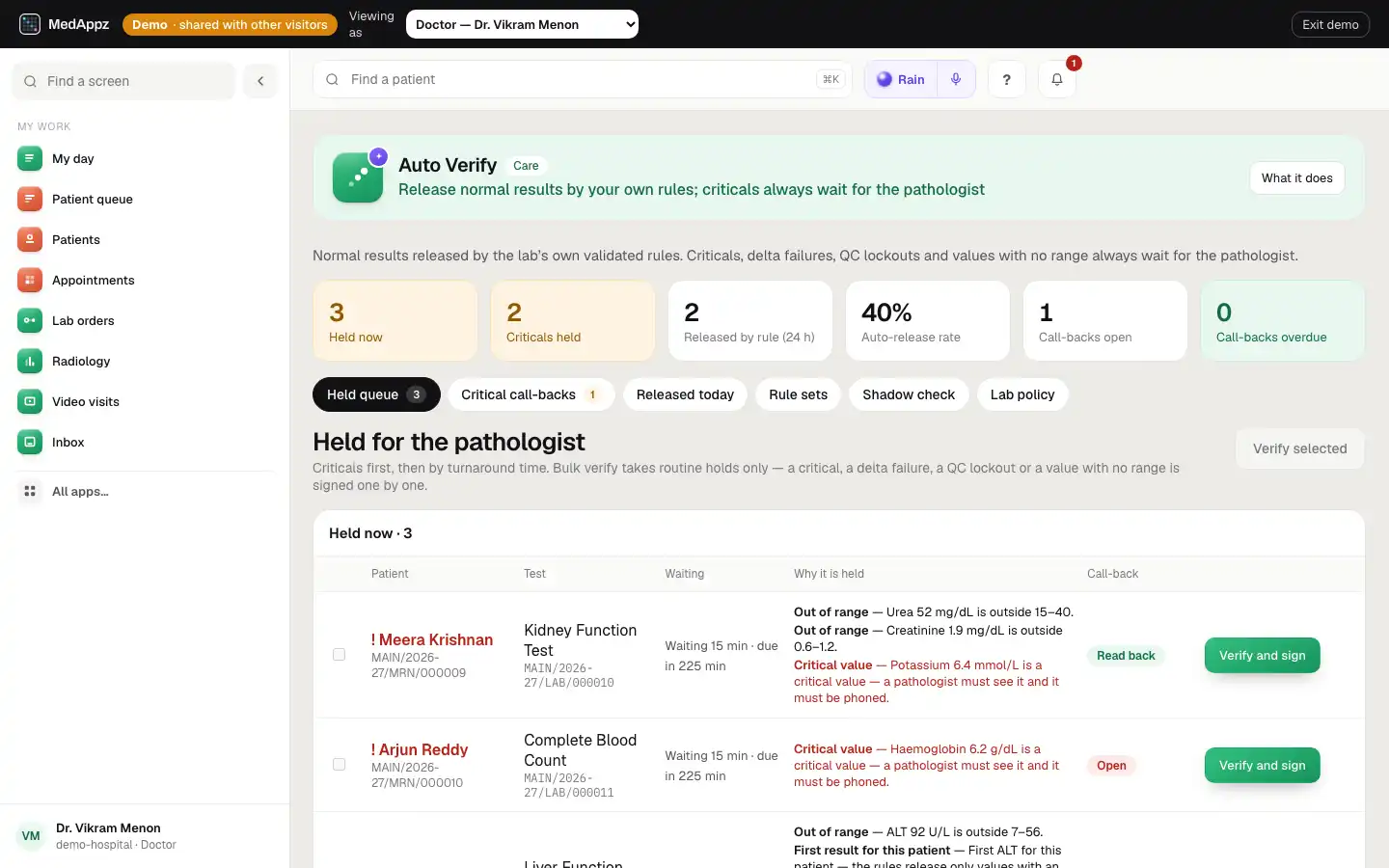 AutoVerify — Auto Verify — Release normal results by your own rules; criticals always wait for the pathologist