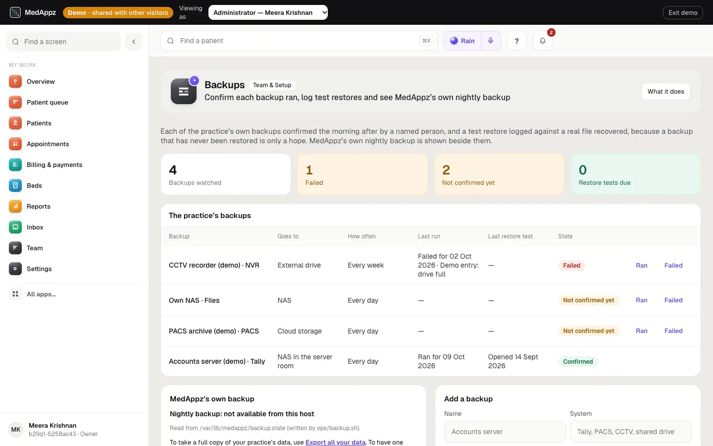 BackupWatch — Backups — Confirm each backup ran, log test restores and see MedAppz’s own nightly backup