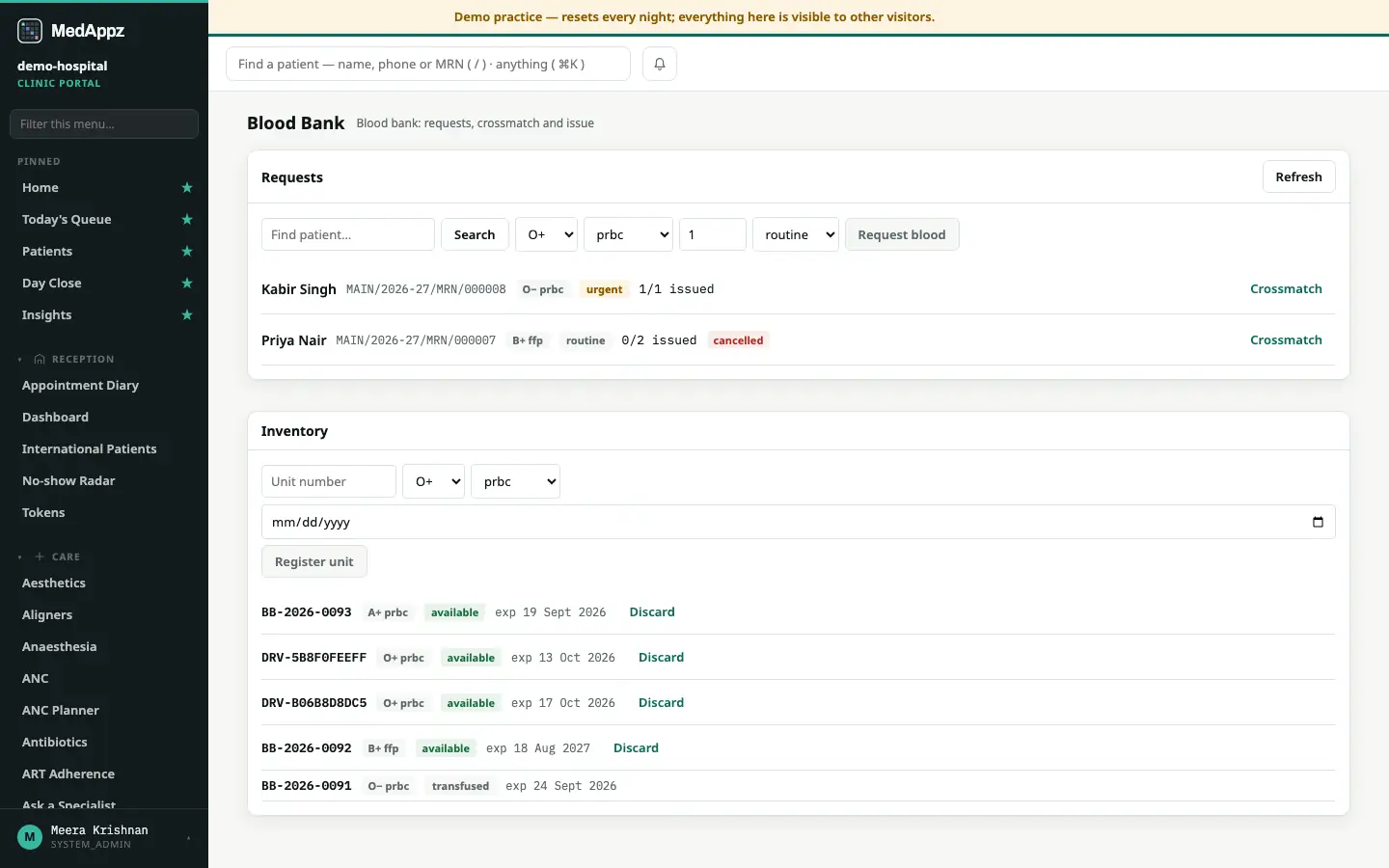 BloodLine — Blood Bank — Blood bank: requests, crossmatch and issue