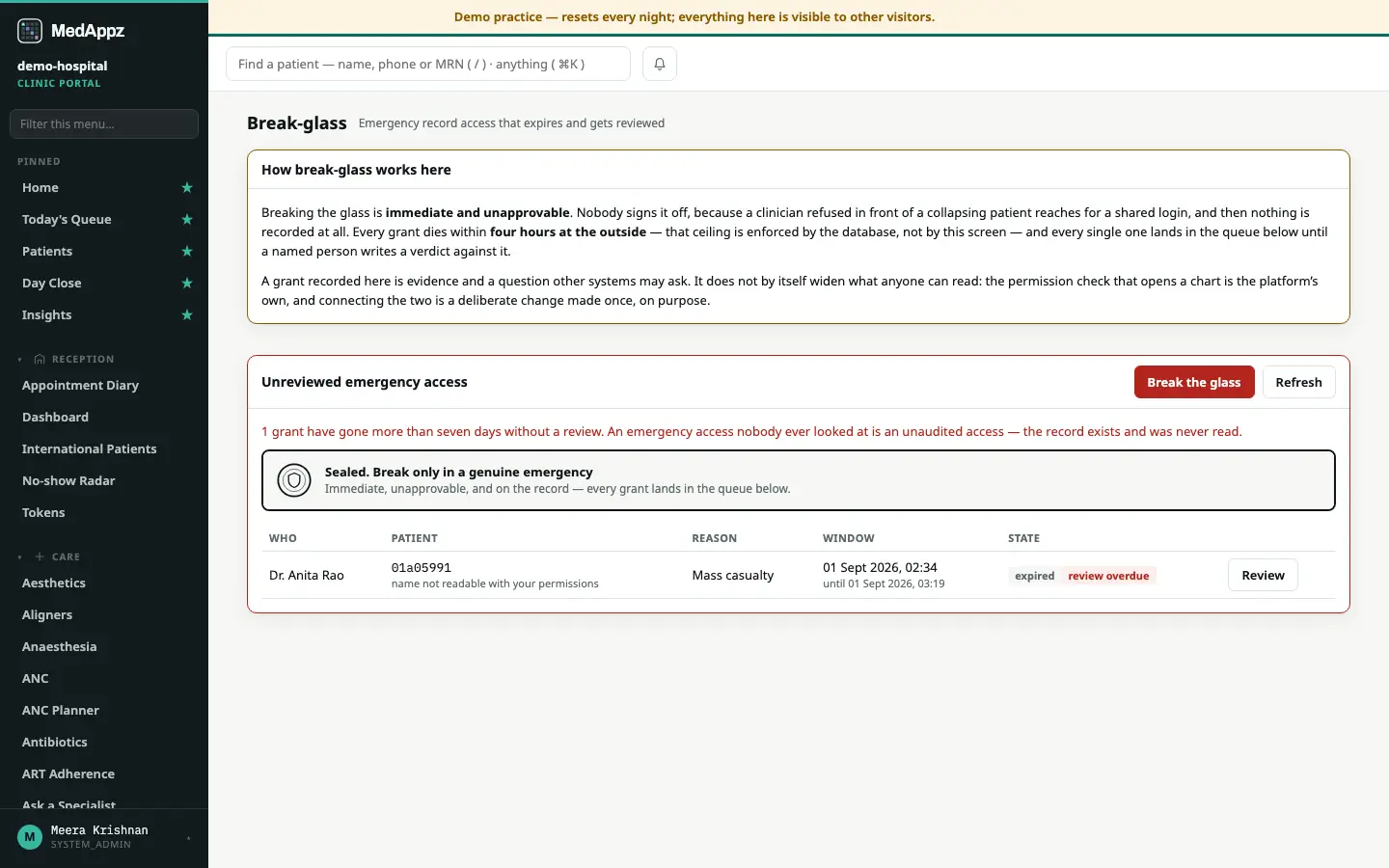 BreakGlass — Break-glass — Emergency record access that expires and gets reviewed