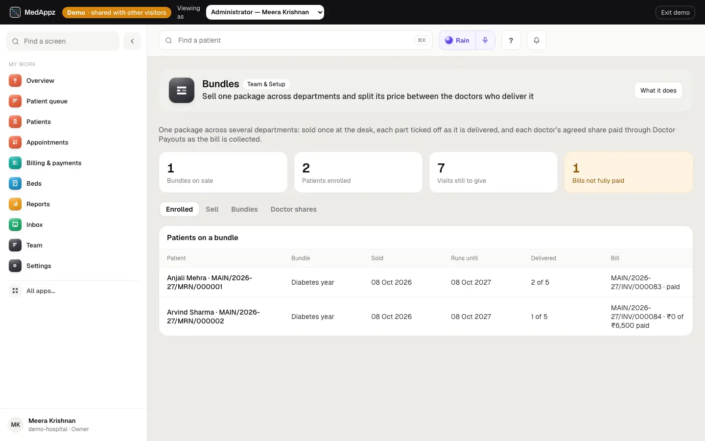 BundleDesk — Bundles — Sell one package across departments and split its price between the doctors who deliver it