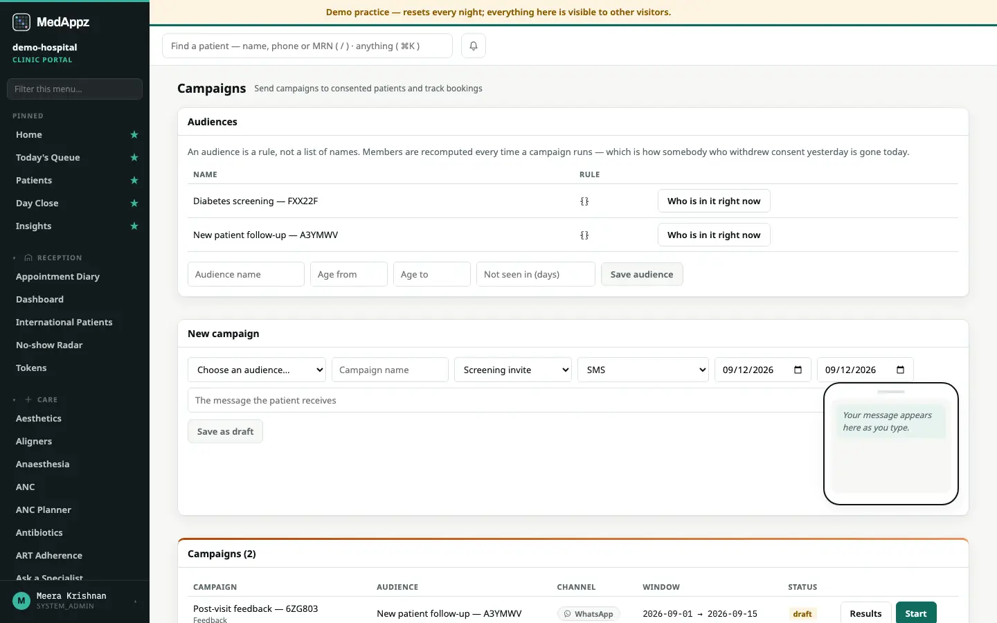 CampaignHQ — Campaigns — Send campaigns to consented patients and track bookings