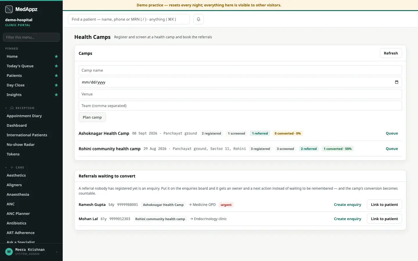 CampKit — Health Camps — Register and screen at a health camp and book the referrals
