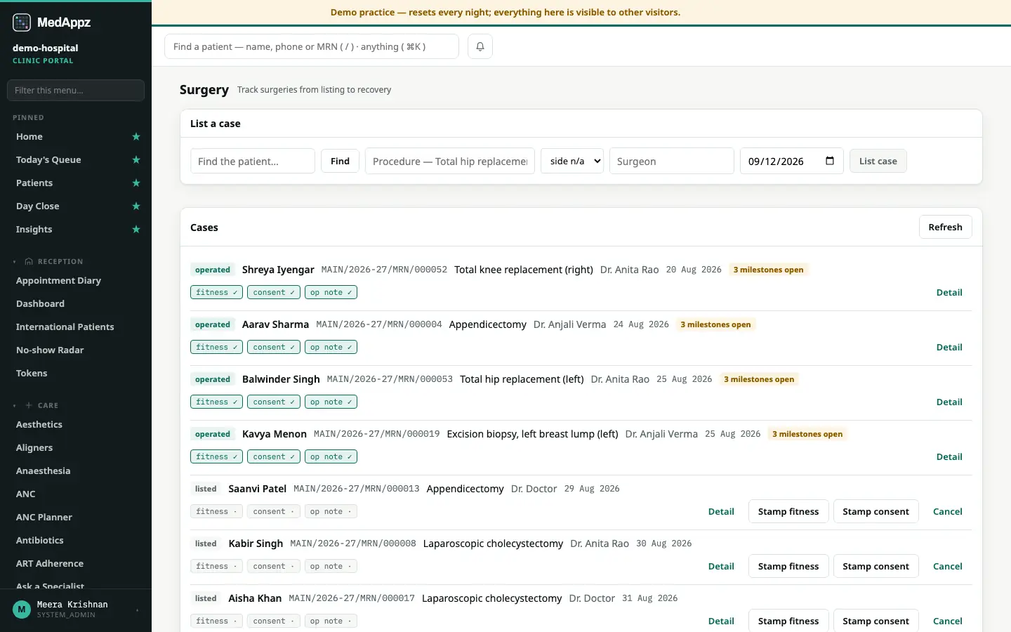 CaseLine — Surgery — Track surgeries from listing to recovery