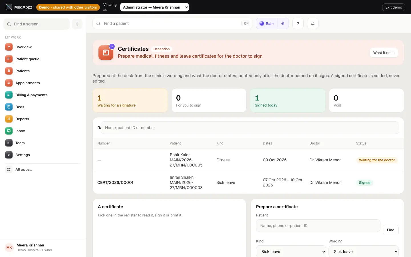 CertificateDesk — Certificates — Prepare medical, fitness and leave certificates for the doctor to sign