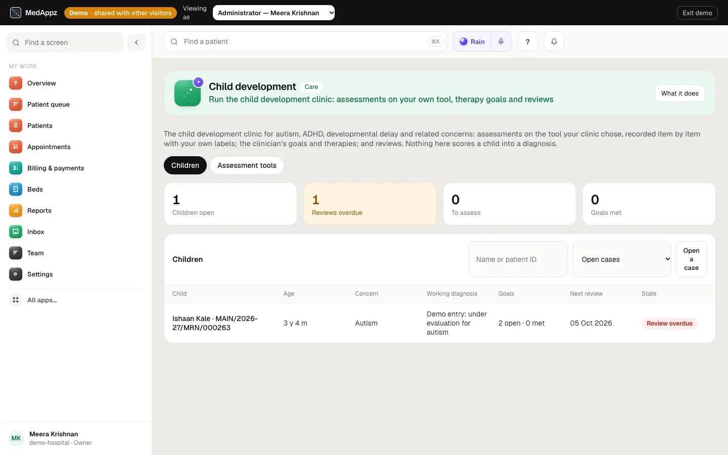 DevelopmentalClinic — Child development — Run the child development clinic: assessments on your own tool, therapy goals and reviews