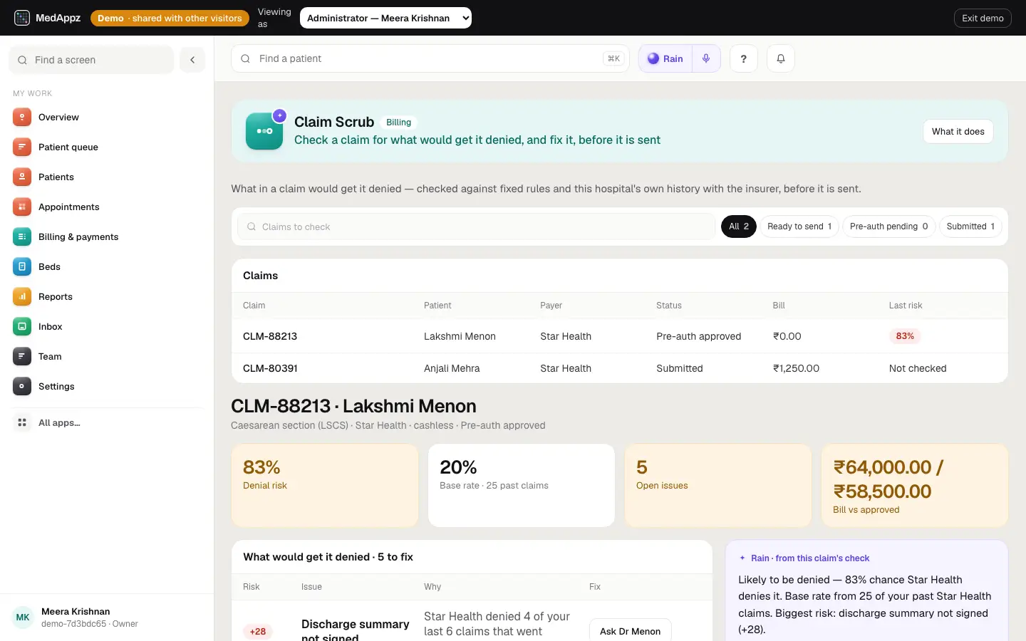 ClaimScrub — Claim Scrub — Check a claim for what would get it denied, and fix it, before it is sent