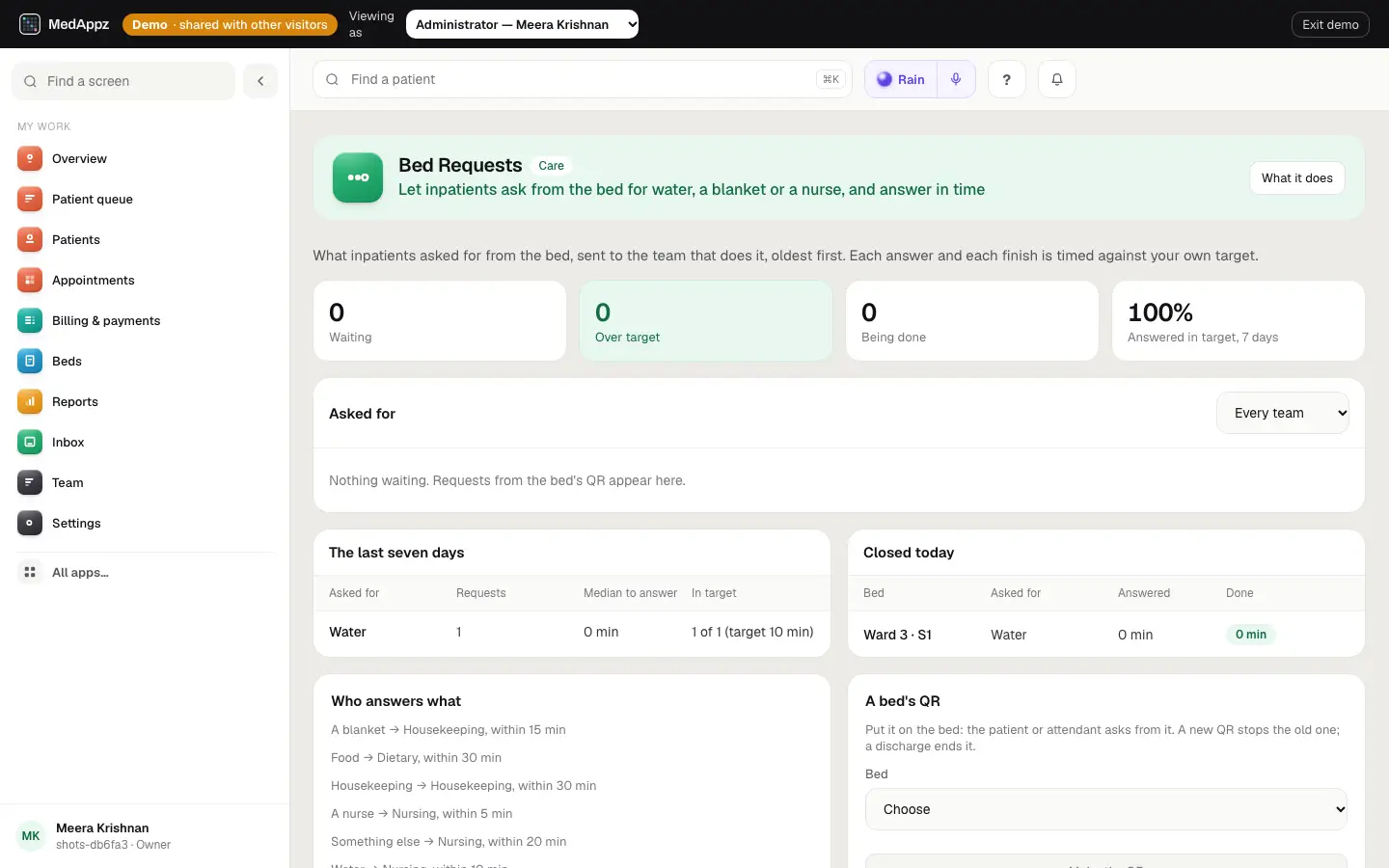 ComfortRequest — Bed Requests — Let inpatients ask from the bed for water, a blanket or a nurse, and answer in time