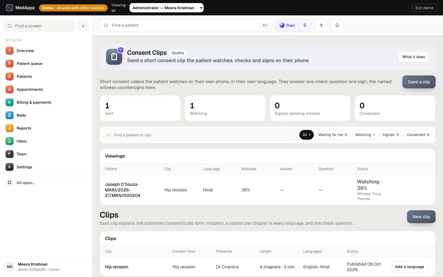 ConsentClips — Consent Clips — Send a short consent clip the patient watches, checks and signs on their phone