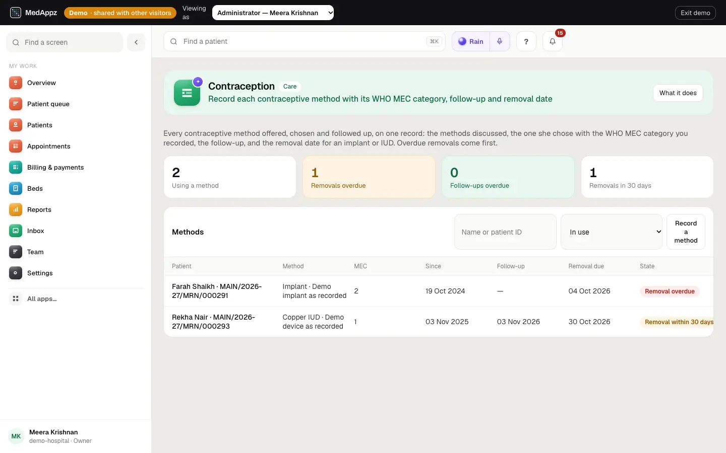 ContraceptionClinic — Contraception — Record each contraceptive method with its WHO MEC category, follow-up and removal date
