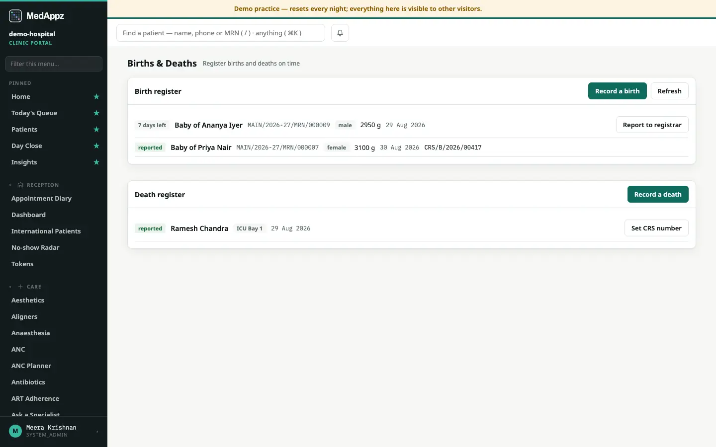 BirthDeathCRS — Births & Deaths — Register births and deaths on time