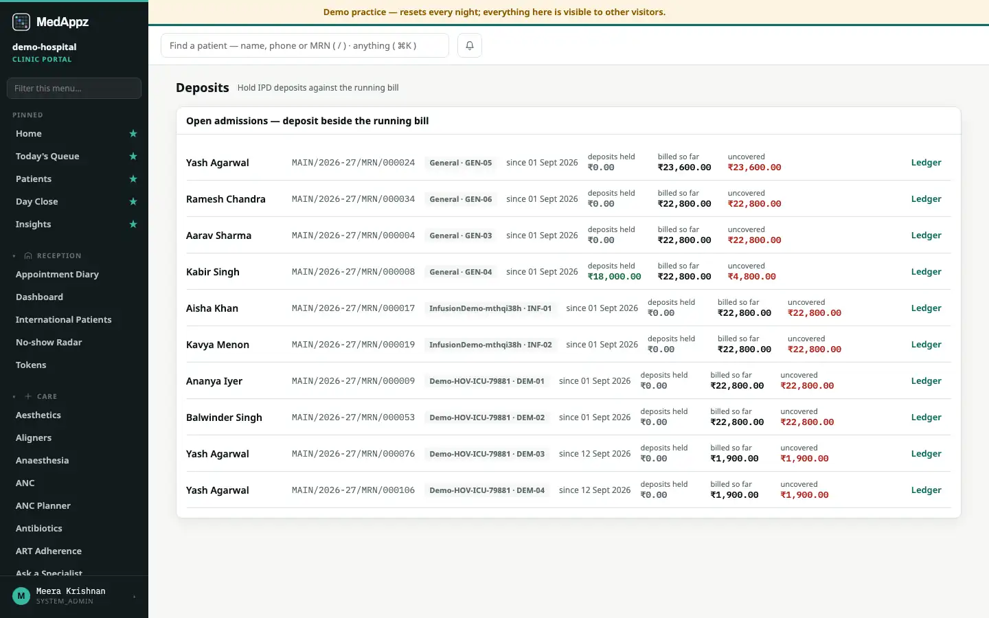 DepositLedger — Deposits — Hold IPD deposits against the running bill