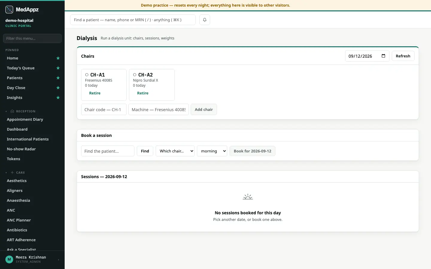 DialysisDesk — Dialysis — Run a dialysis unit: chairs, sessions, weights