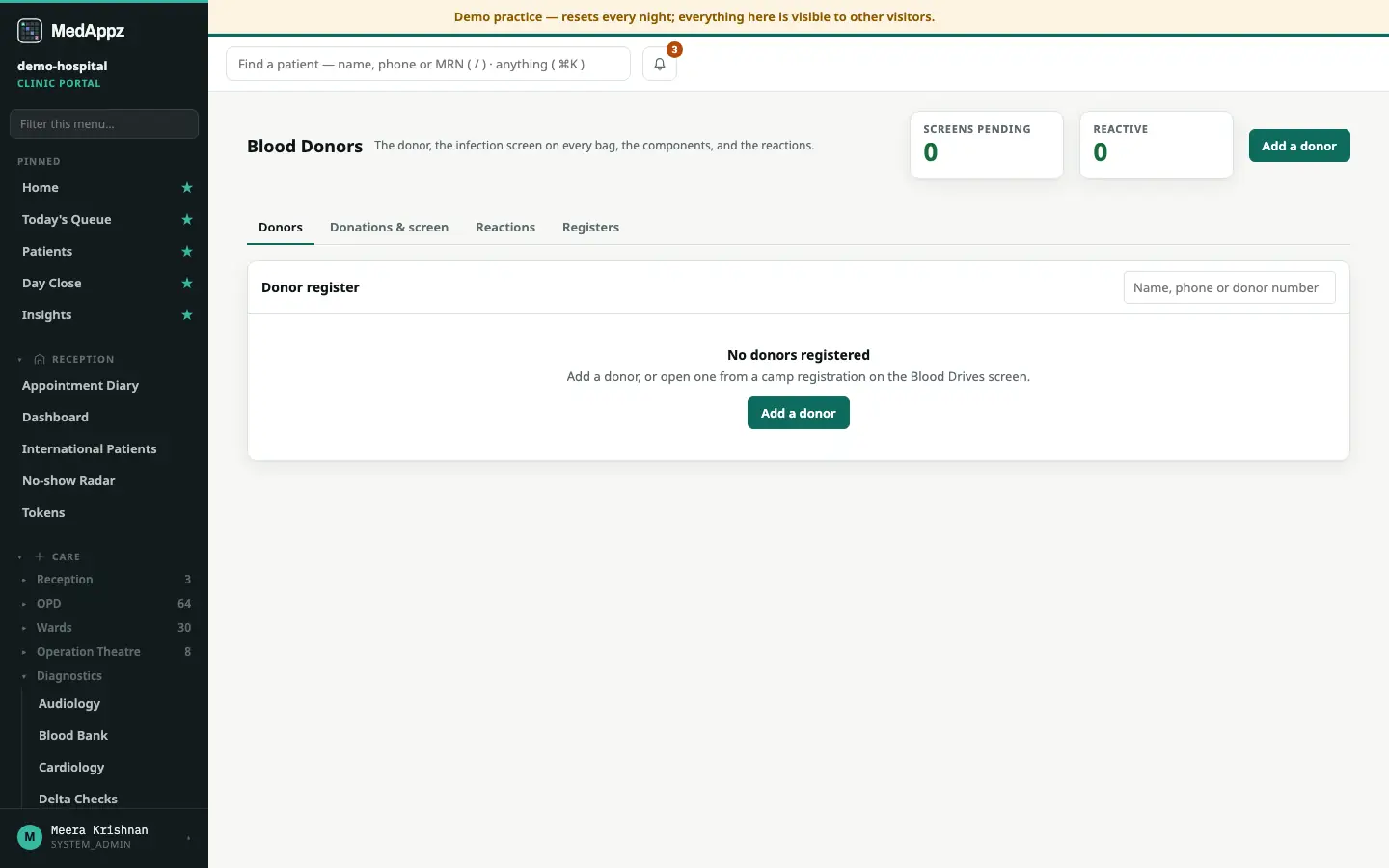 DonorDesk — Blood Donors — Register blood donors, screen every bag for infection, and keep the licence registers