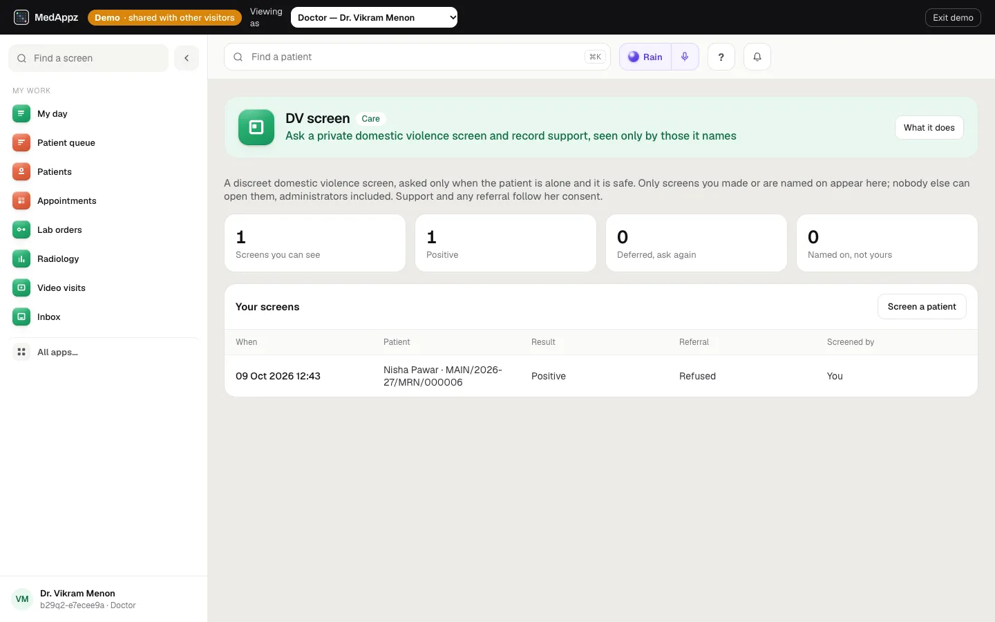 DVScreen — DV screen — Ask a private domestic violence screen and record support, seen only by those it names