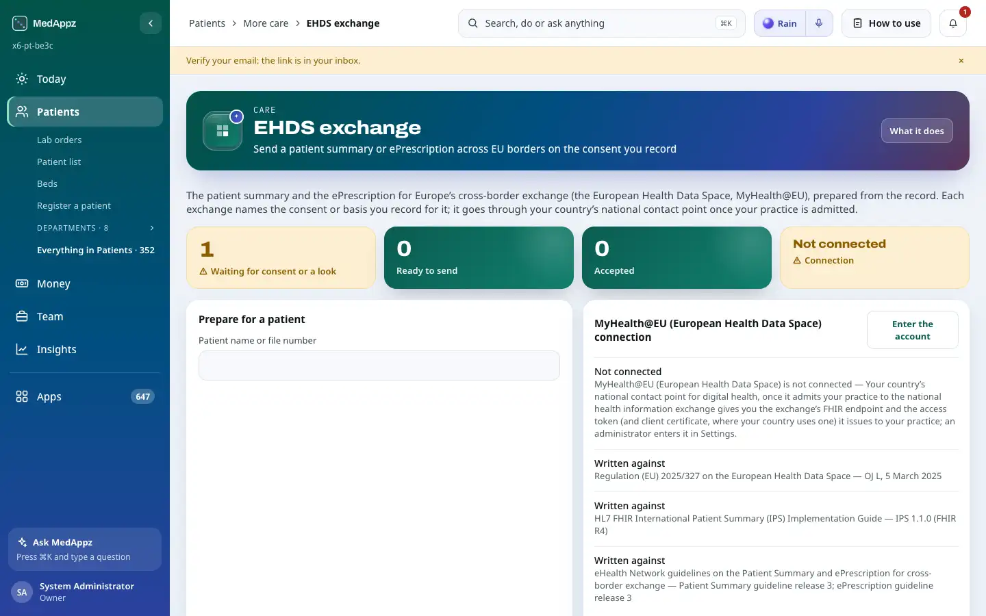 EHDSBridge — EHDS exchange — Send a patient summary or ePrescription across EU borders on the consent you record