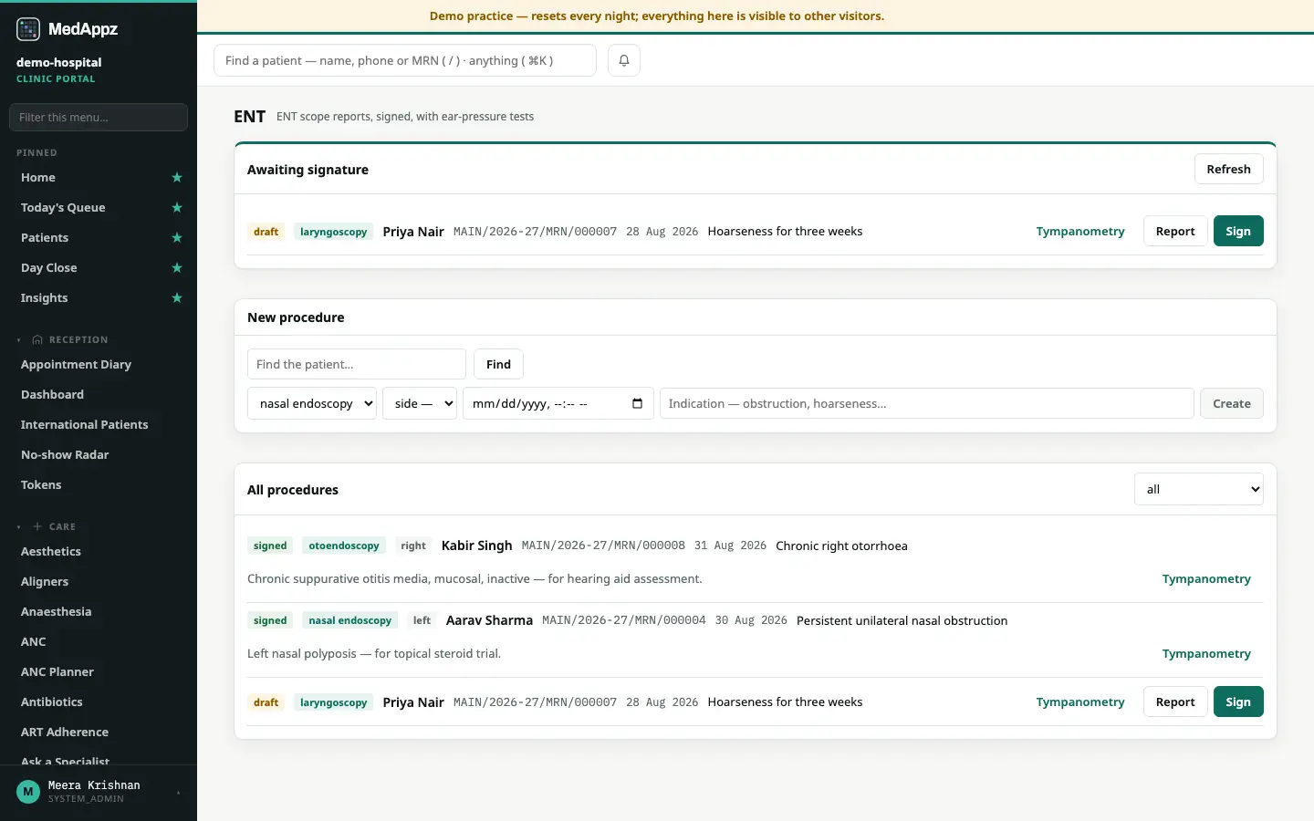 ENToscope — ENT — ENT scope reports, signed, with ear-pressure tests