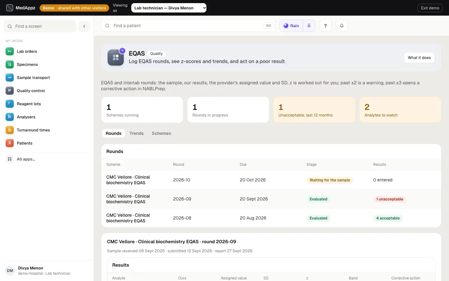 EQASTrack — EQAS — Log EQAS rounds, see z-scores and trends, and act on a poor result