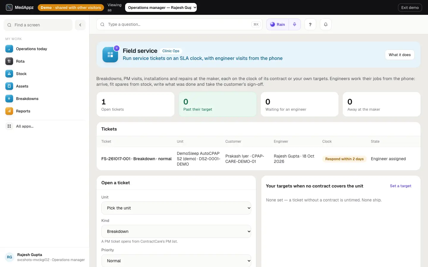 FieldService — Field service — Run service tickets on an SLA clock, with engineer visits from the phone