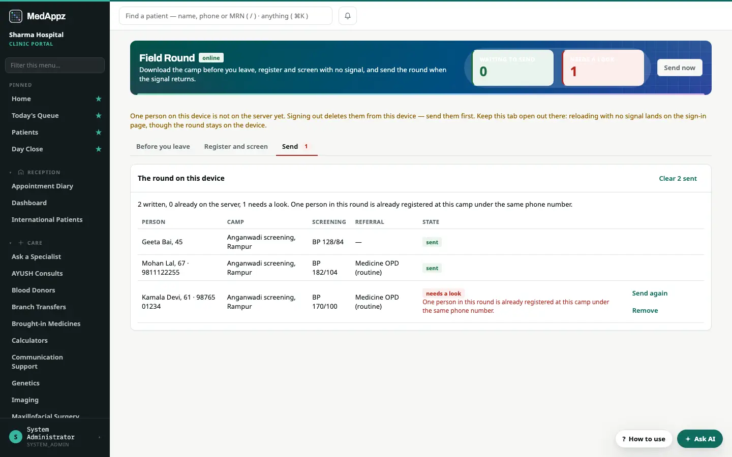 FieldGuide — Field Round — Register and screen people at a camp with no signal, and send them later
