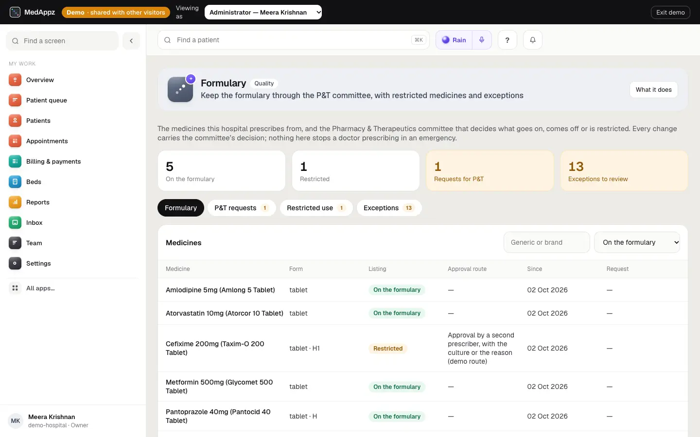 FormularyDesk — Formulary — Keep the formulary through the P&T committee, with restricted medicines and exceptions