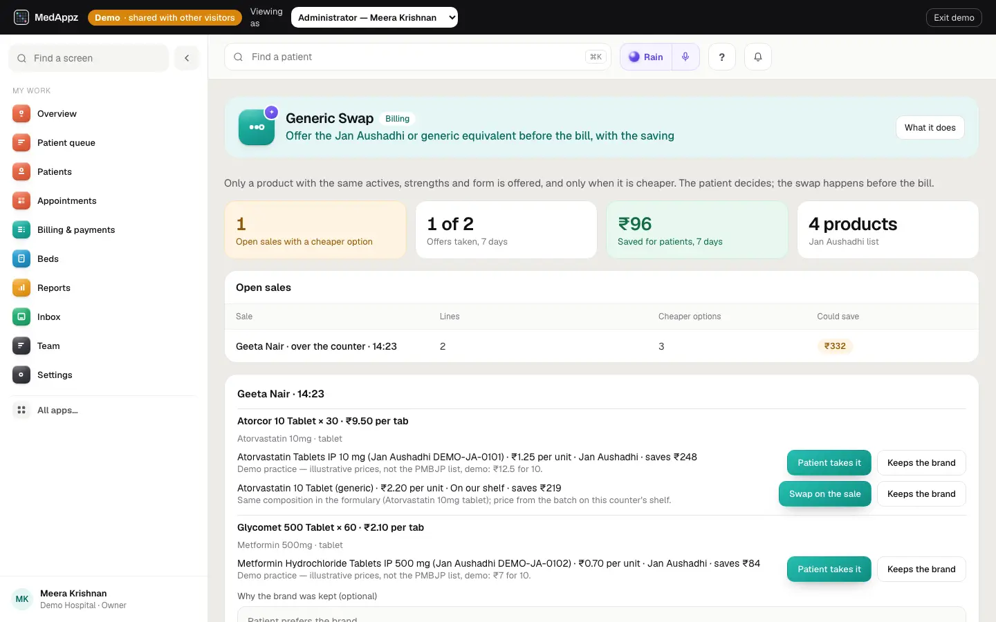 GenericSwapDesk — Generic Swap — Offer the Jan Aushadhi or generic equivalent before the bill, with the saving
