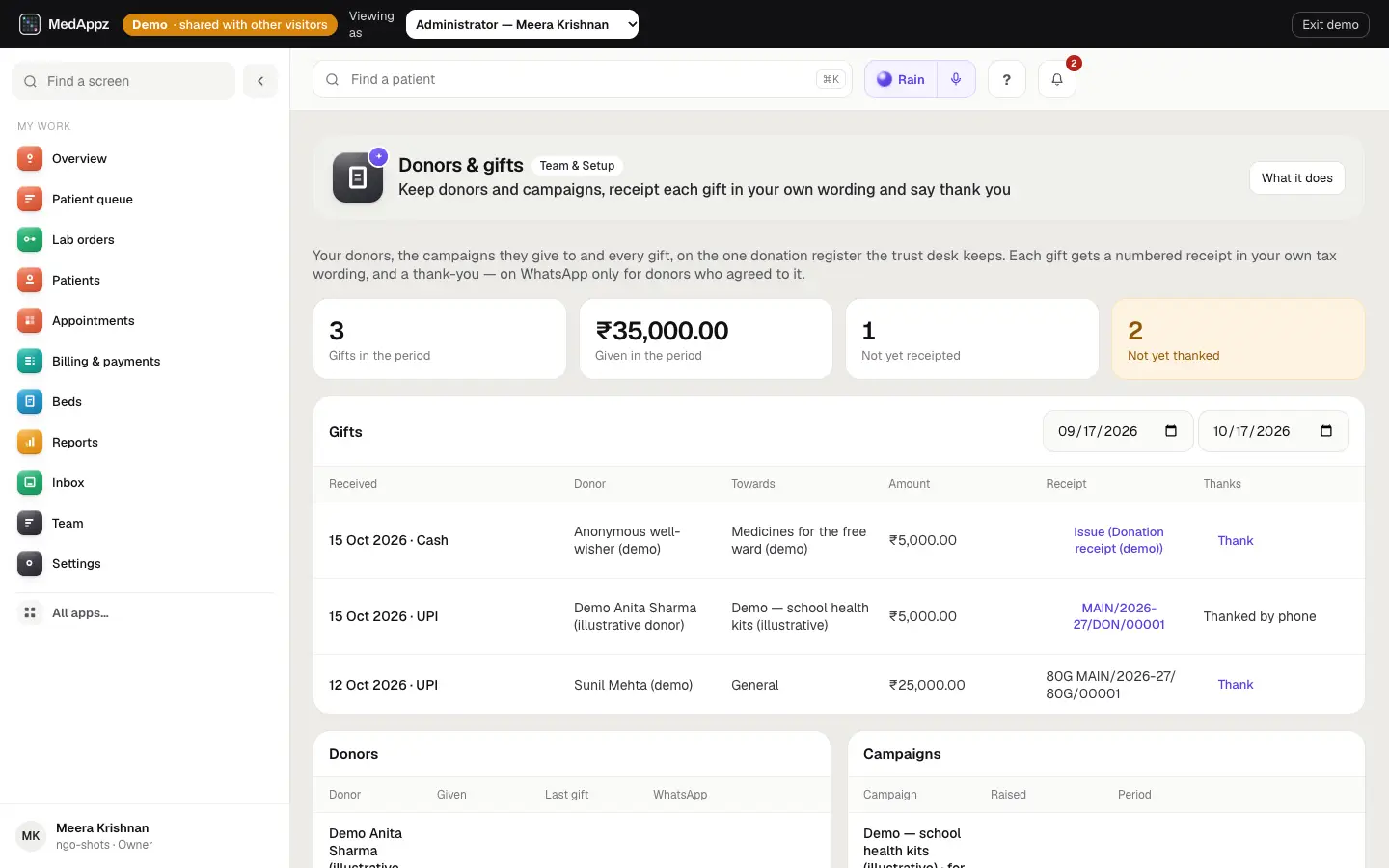GivingDesk — Donors & gifts — Keep donors and campaigns, receipt each gift in your own wording and say thank you