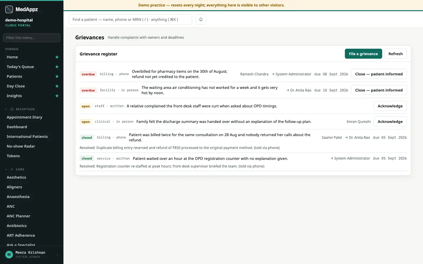 GrievanceDesk — Grievances — Handle complaints with owners and deadlines