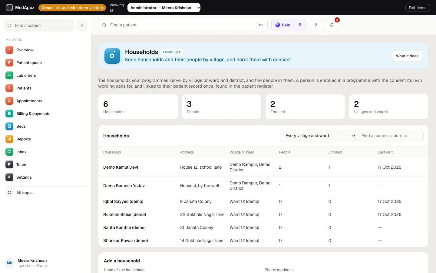 HouseholdRegistry — Households — Keep households and their people by village, and enrol them with consent