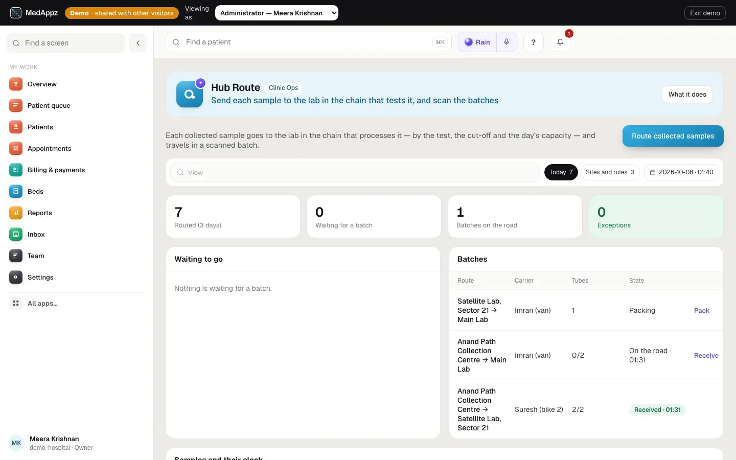 HubRoute — Hub Route — Send each sample to the lab in the chain that tests it, and scan the batches