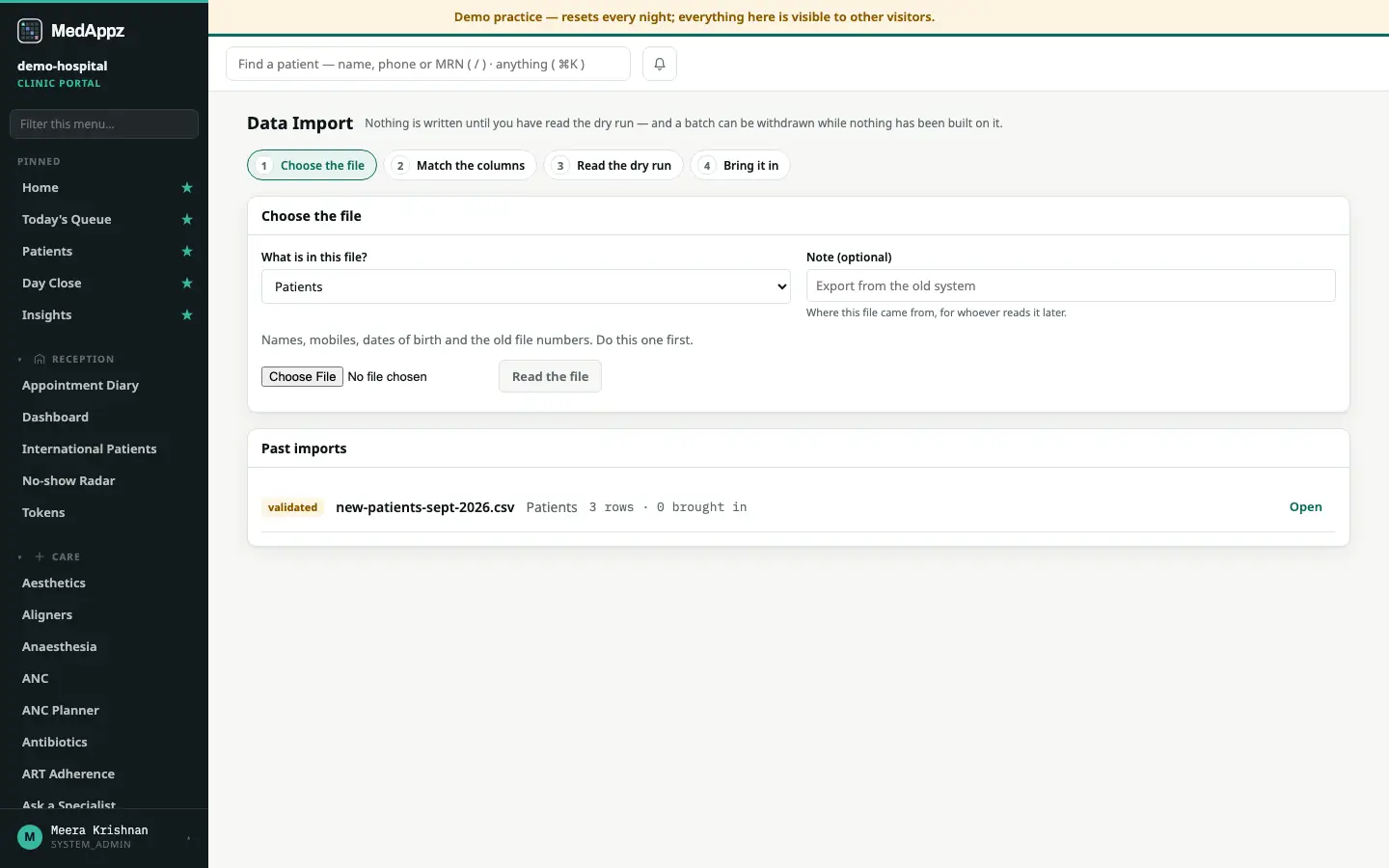 Data Import — Data Import — Bring patients and dues in from your old system