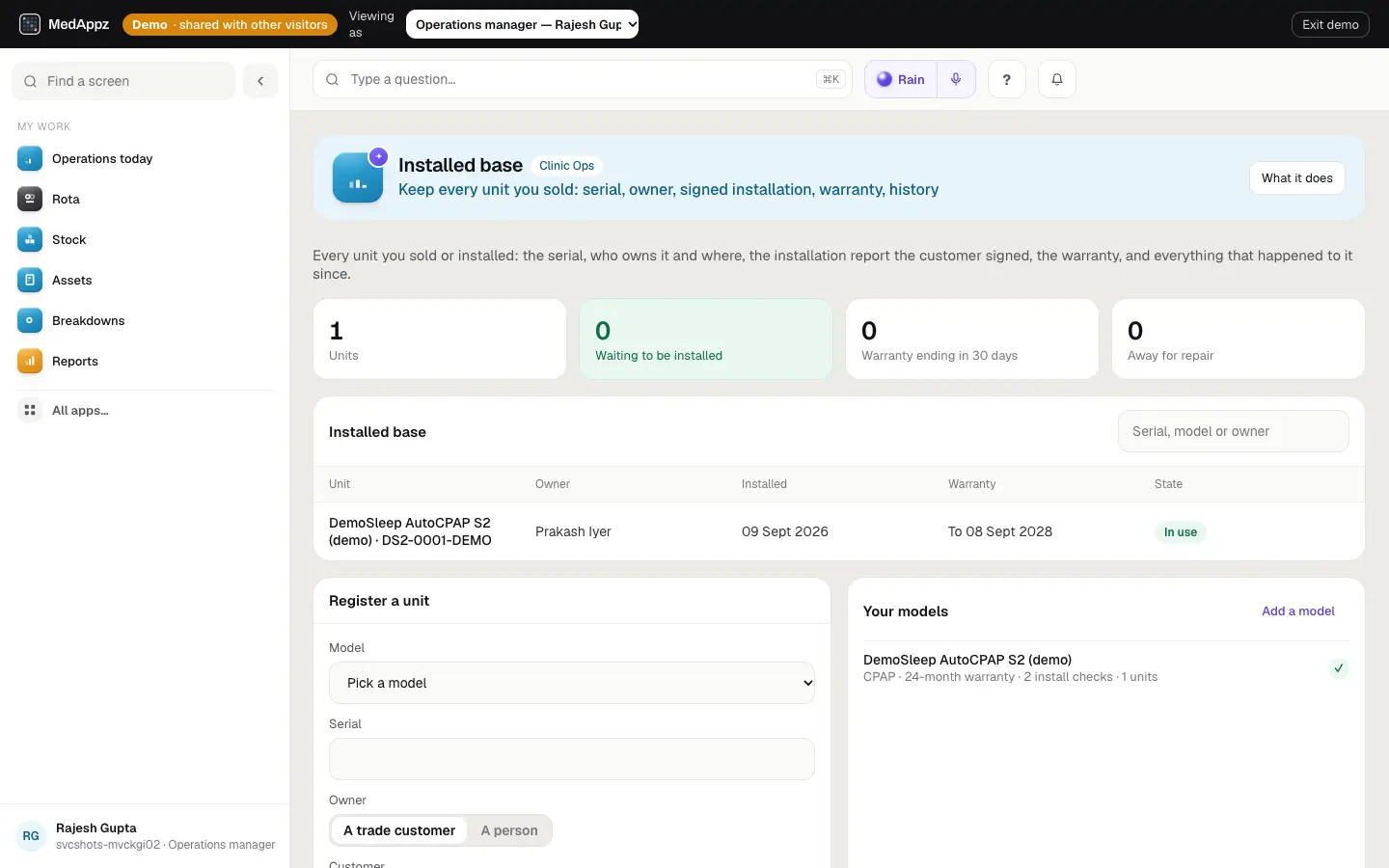 InstalledBase — Installed base — Keep every unit you sold: serial, owner, signed installation, warranty, history
