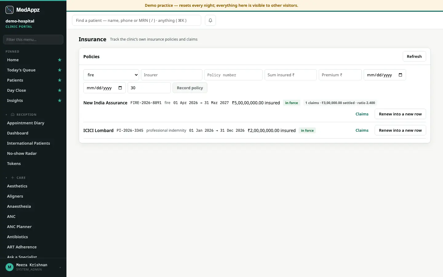 InsureVault — Insurance — Track the clinic’s own insurance policies and claims