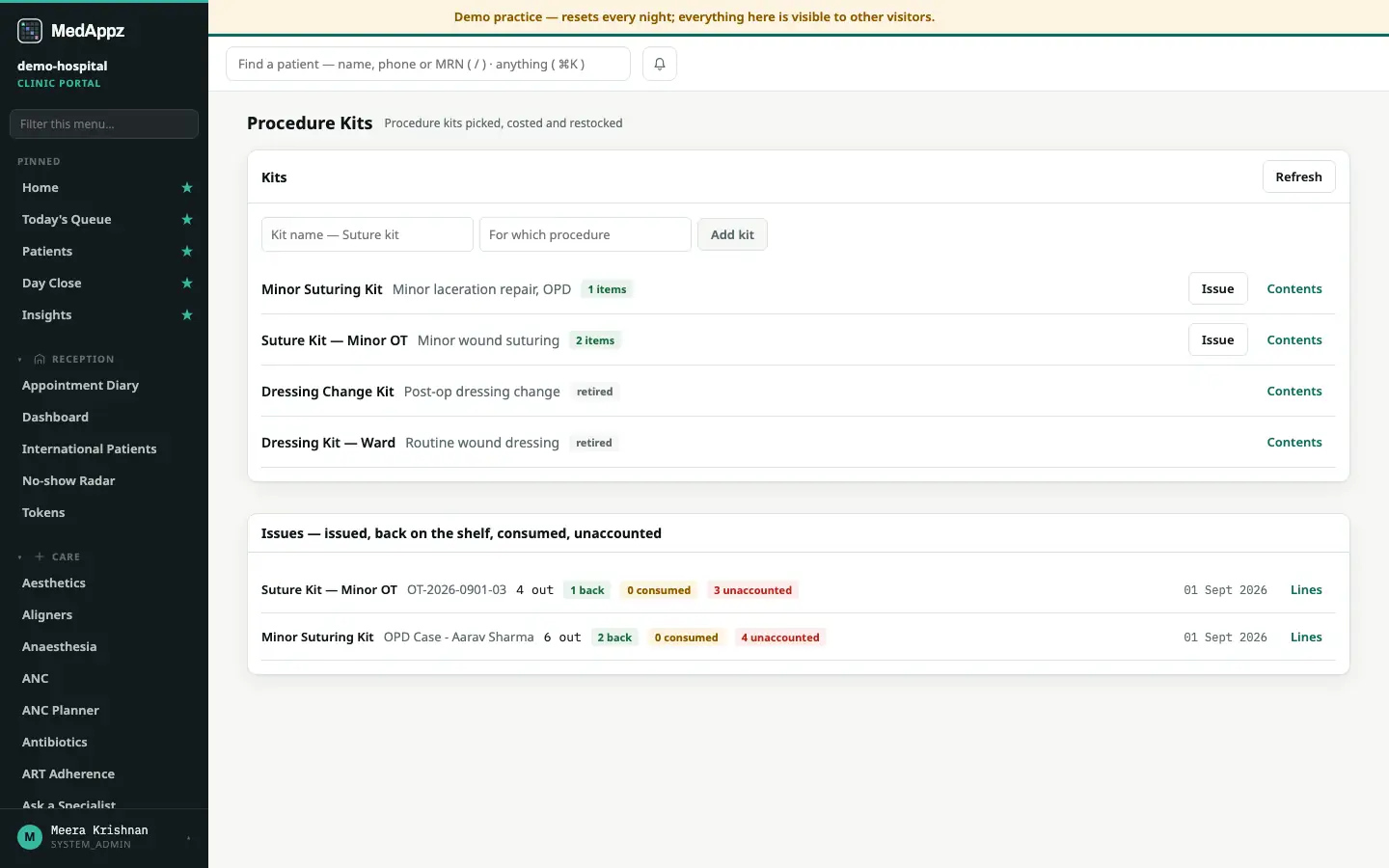 KitBuilder — Procedure Kits — Procedure kits picked, costed and restocked