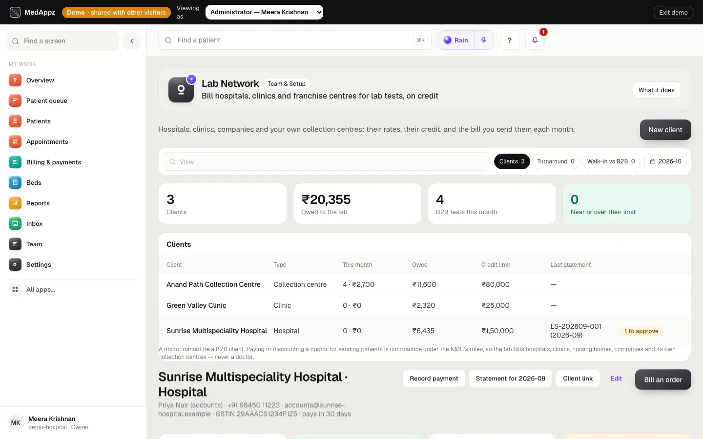 LabNetwork — Lab Network — Bill hospitals, clinics and franchise centres for lab tests, on credit
