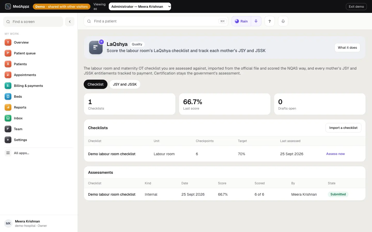 LaQshyaCompliance — LaQshya — Score the labour room’s LaQshya checklist and track each mother’s JSY and JSSK