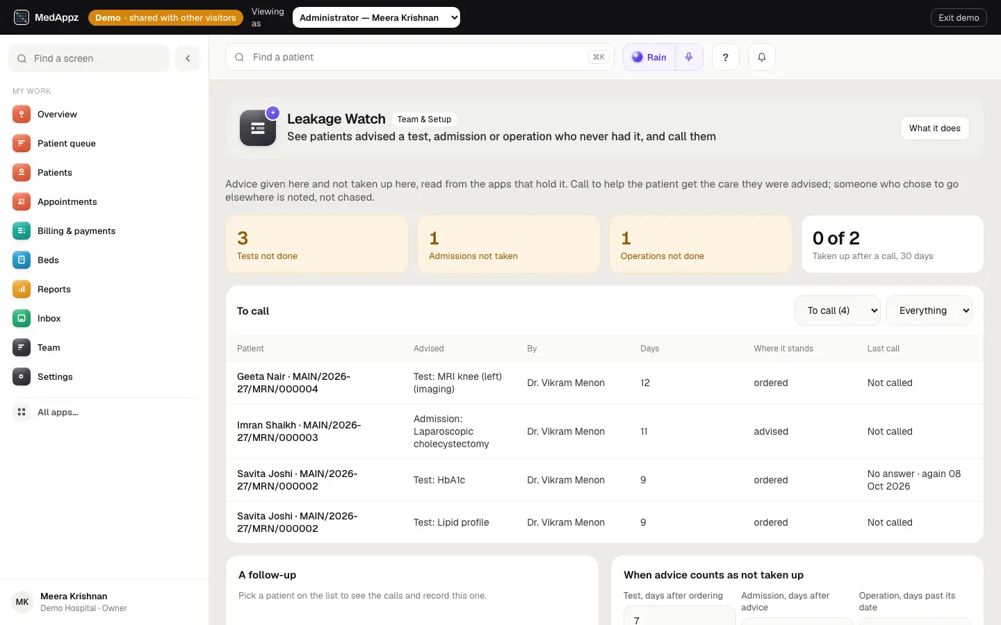 LeakageWatch — Leakage Watch — See patients advised a test, admission or operation who never had it, and call them