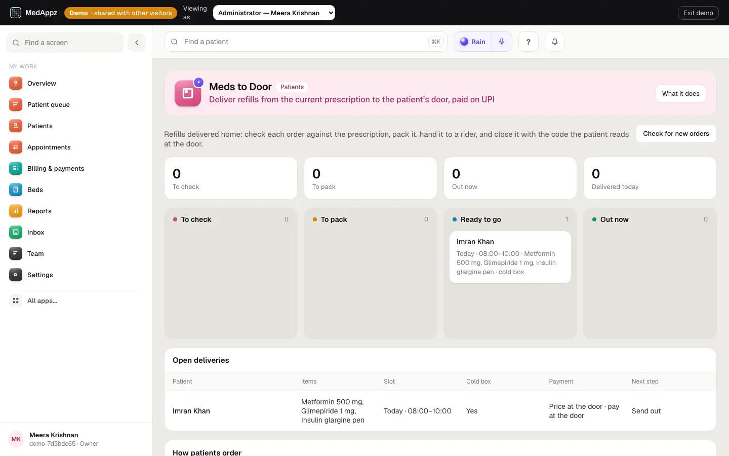 MedsToDoor — Meds to Door — Deliver refills from the current prescription to the patient’s door, paid on UPI