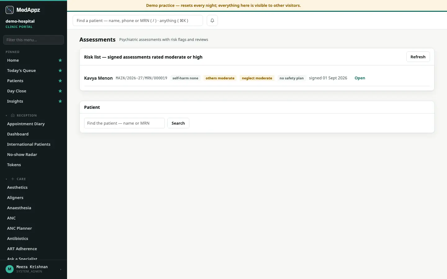 MindNotes — Assessments — Psychiatric assessments with risk flags and reviews