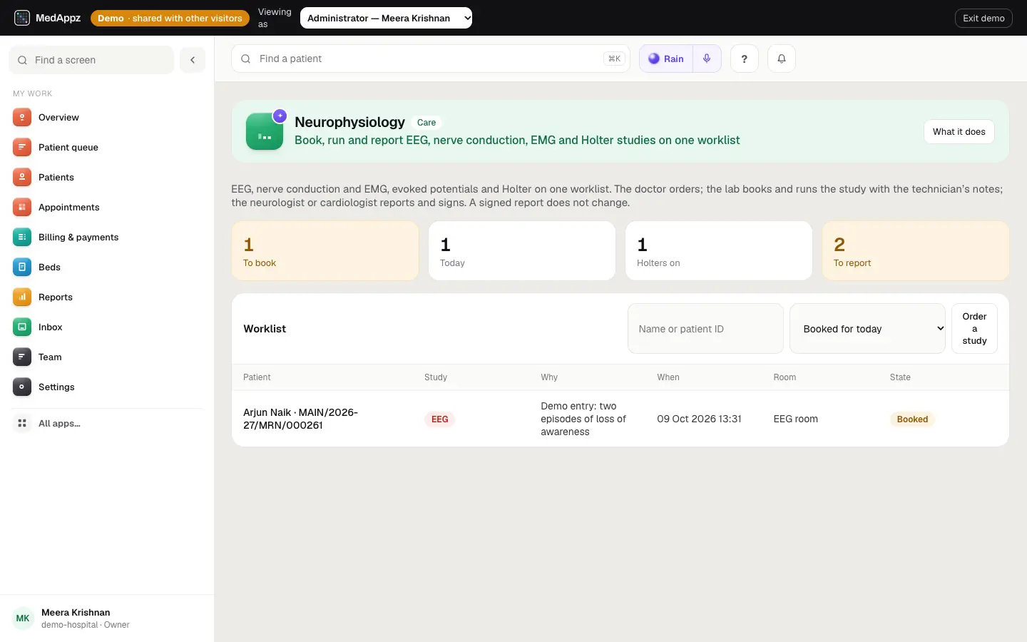 NeurophysiologyLab — Neurophysiology — Book, run and report EEG, nerve conduction, EMG and Holter studies on one worklist