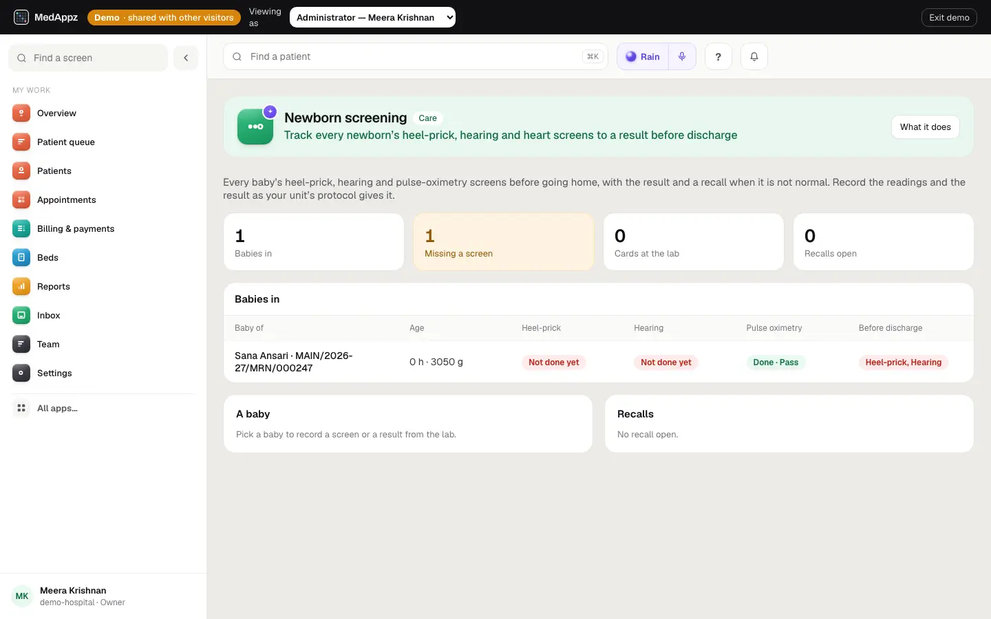 NewbornScreening — Newborn screening — Track every newborn’s heel-prick, hearing and heart screens to a result before discharge