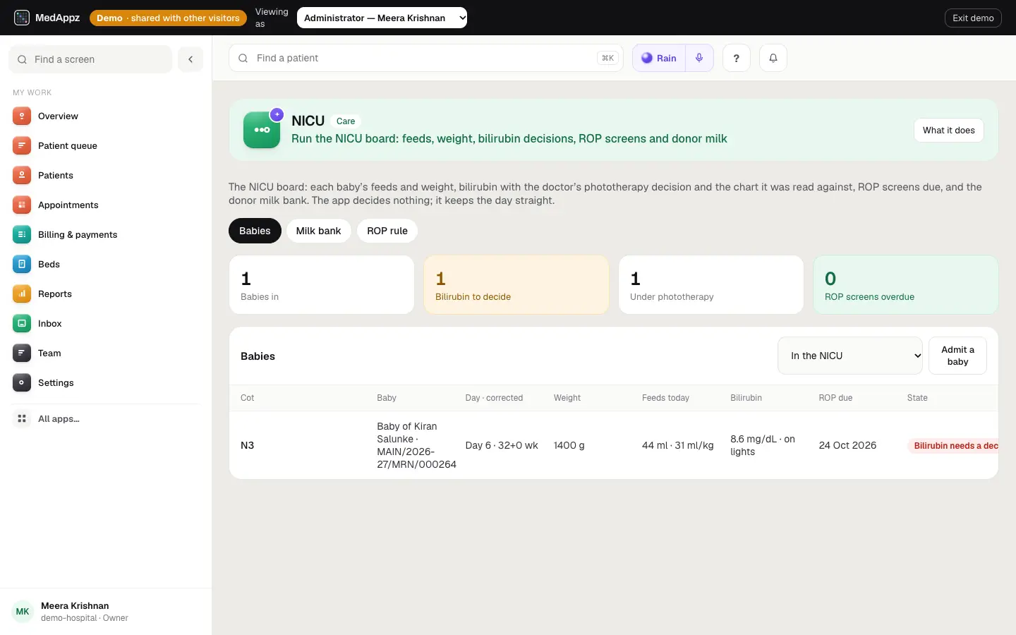 NICUTracker — NICU — Run the NICU board: feeds, weight, bilirubin decisions, ROP screens and donor milk